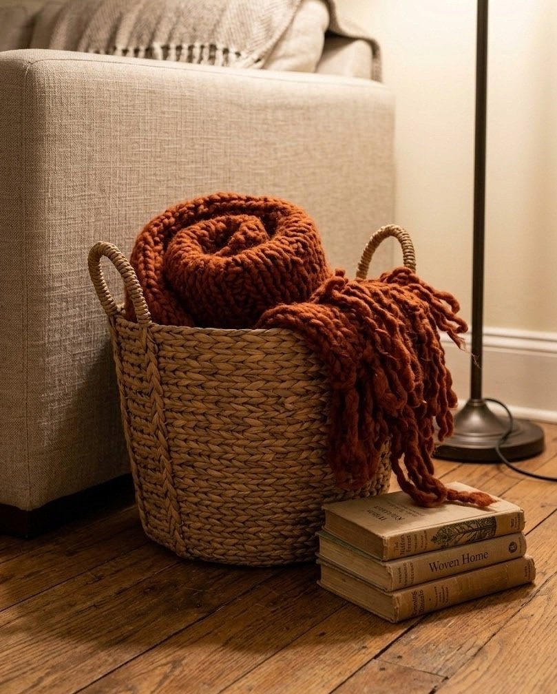 Woven seagrass floor basket holding a rolled rust chunky knit blanket beside a sofa