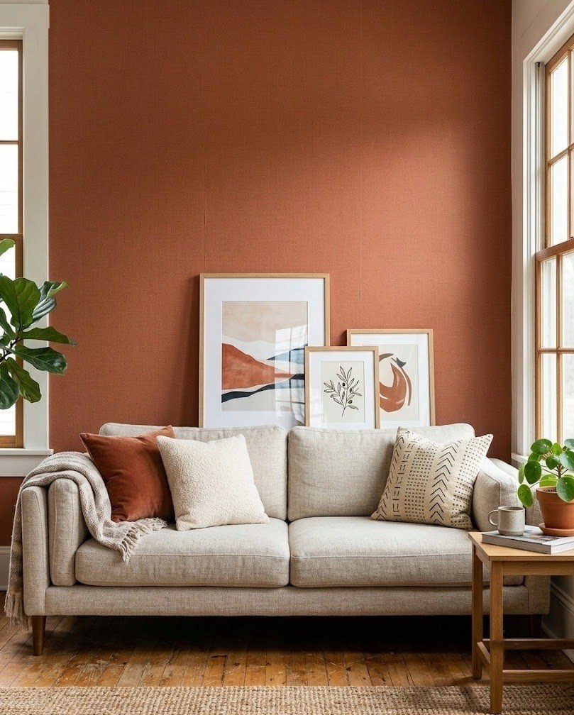Warm rust terracotta peel-and-stick accent wall behind a low oatmeal sofa