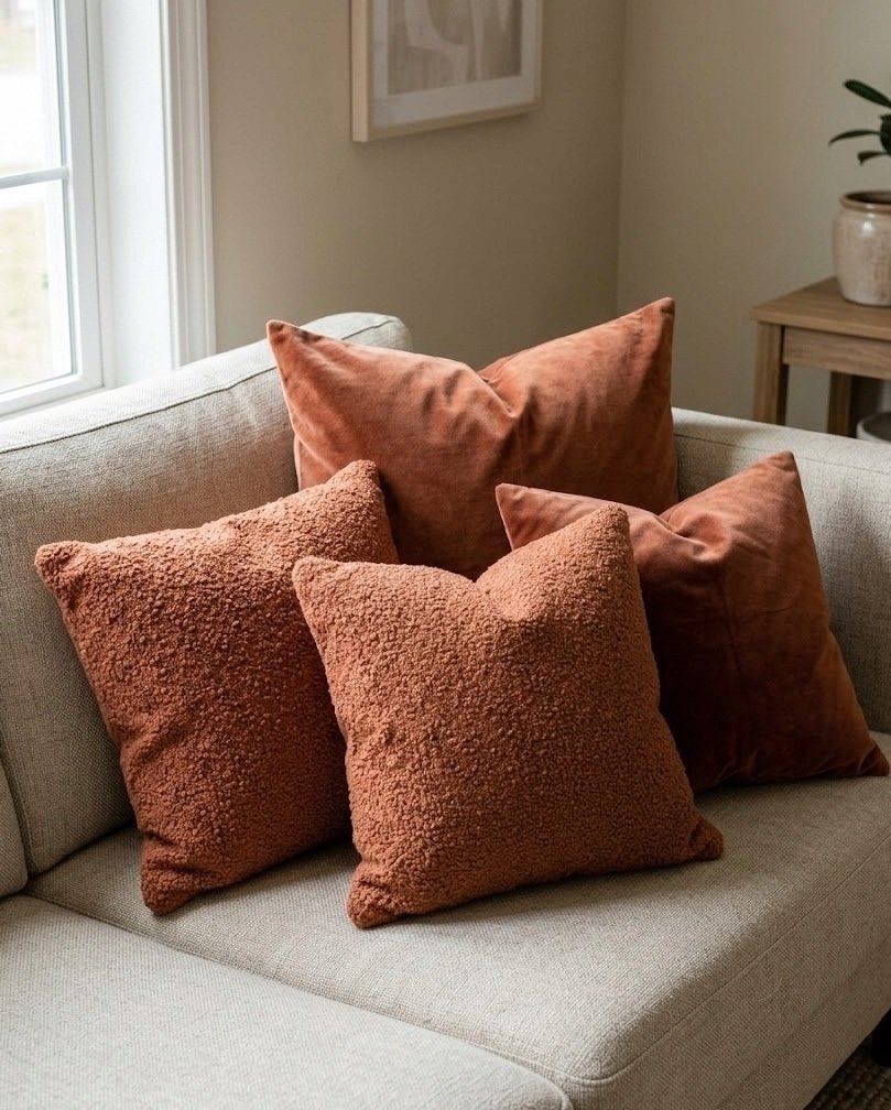 Rust velvet and terracotta boucle throw pillows clustered on an oatmeal sofa