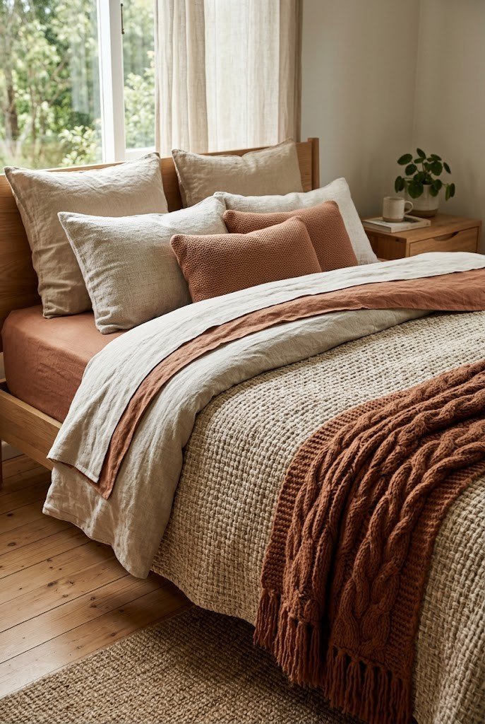 Bed layered in tonal sand, oatmeal and clay bedding with mixed textures