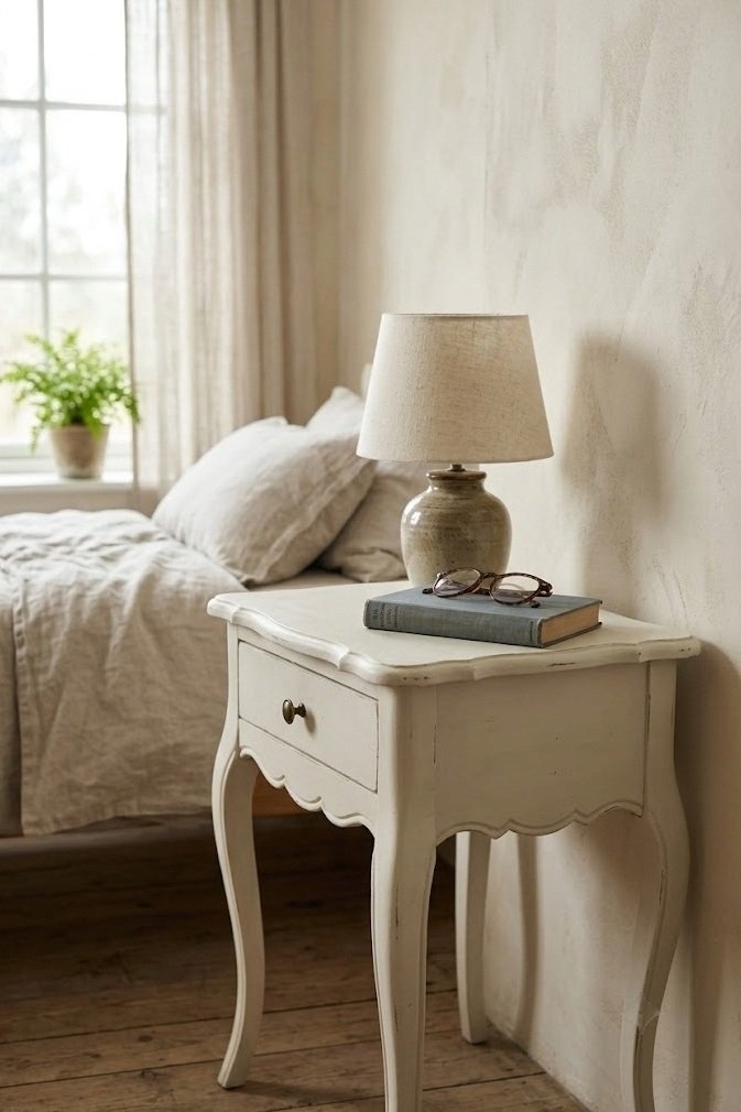 Scalloped nightstand painted in antique-white chalk paint
