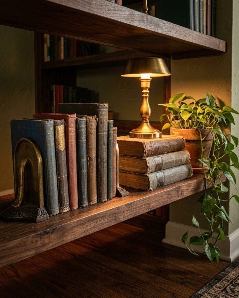 Styled dark wood shelf with vintage hardcovers upright and stacked, brass bookends, a lamp, and a plant