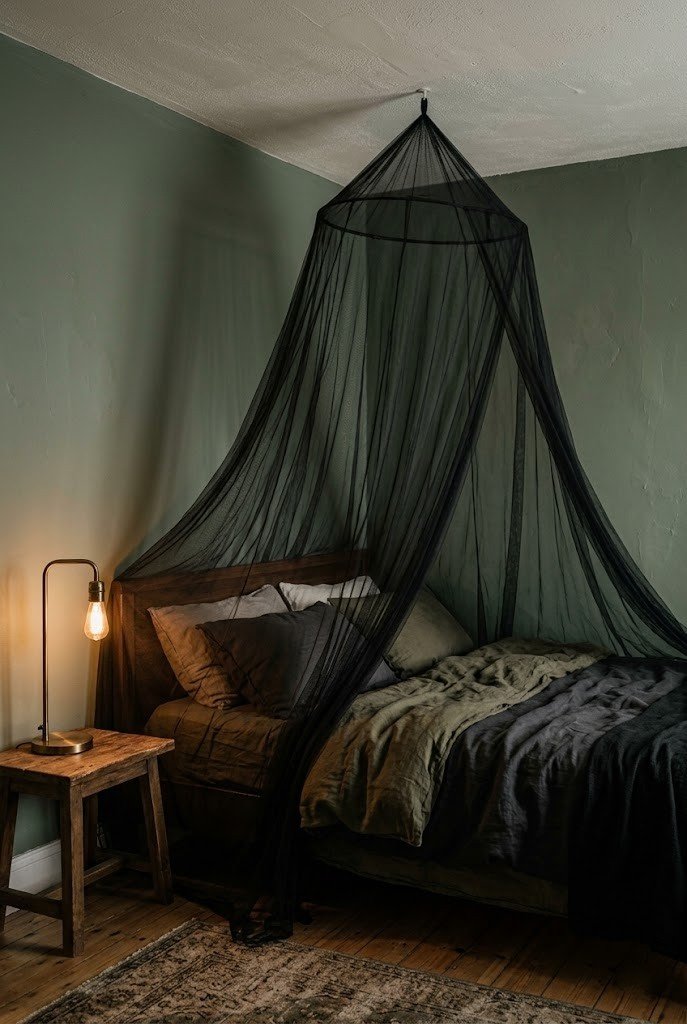 Sheer black canopy net draped from the ceiling around the head of a bed
