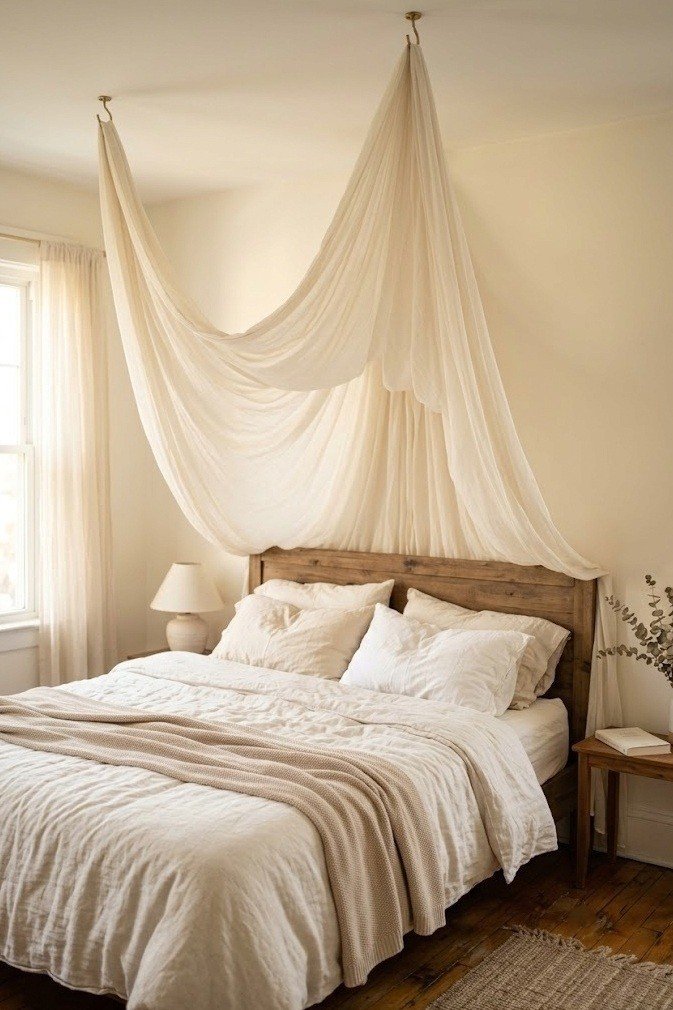 Ivory chiffon canopy draped from the ceiling behind a bed