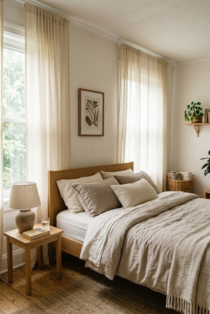 Small bedroom with sheer ivory linen curtains letting in soft light