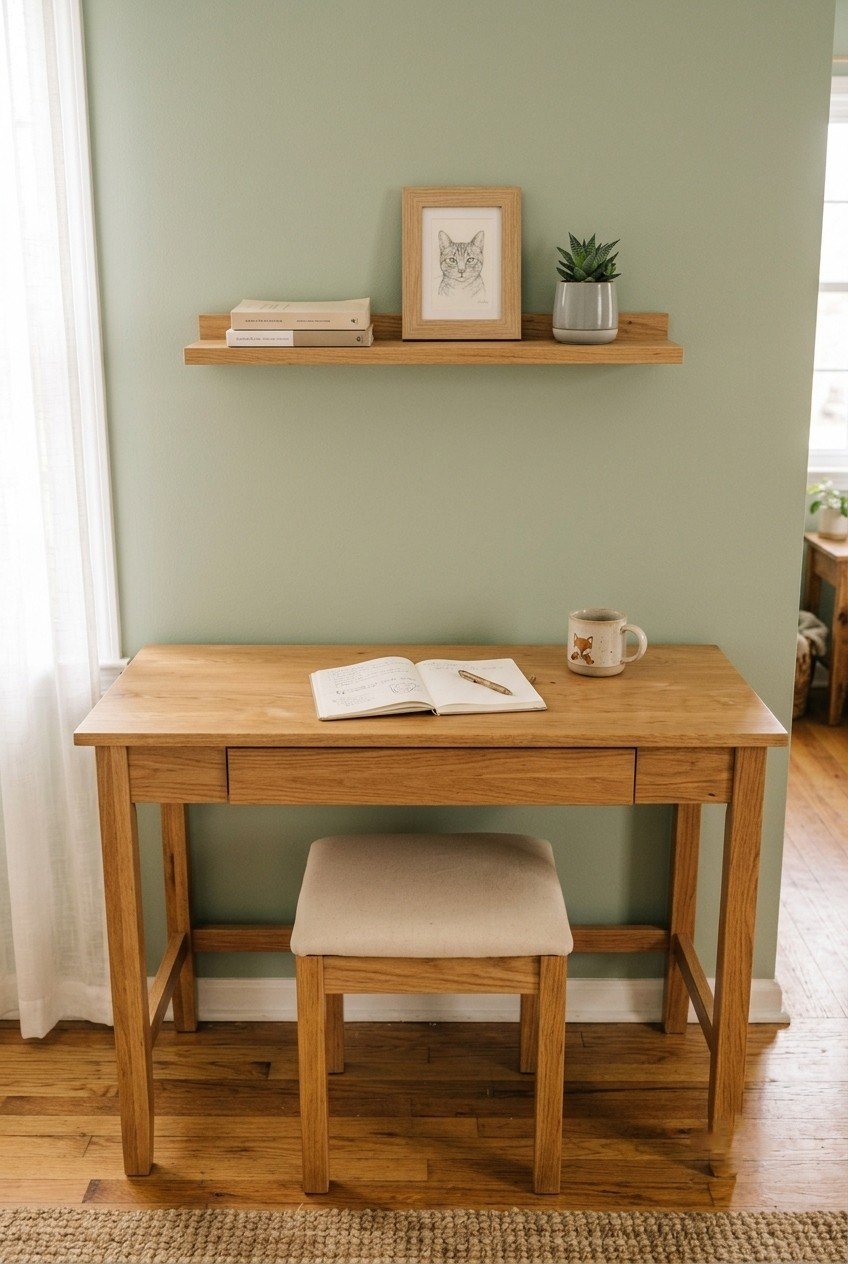 Simple wood writing desk with straight legs and a small chair against a bedroom wall