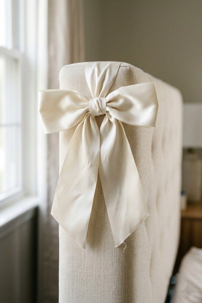 One large satin bow tied to a cream headboard