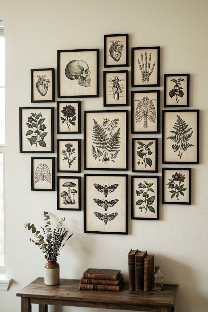 Skeleton-chic black-frame gallery wall for dark-academia renter Halloween decor