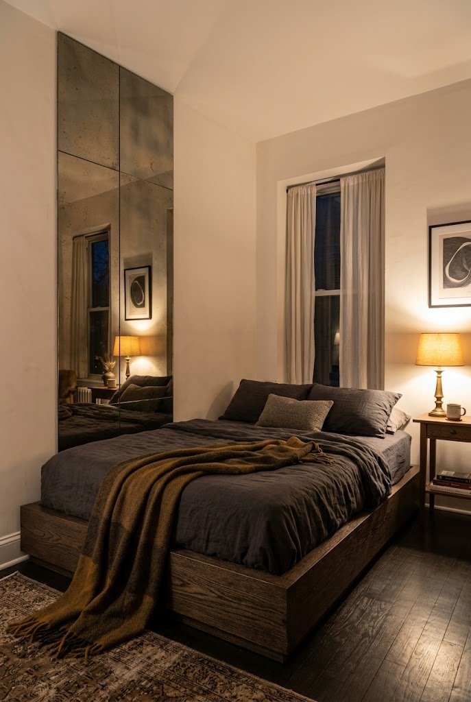 Vertical smoked antique mirror panels on the wall beside a low bed with charcoal bedding