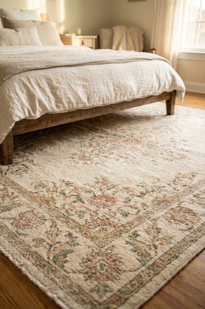 Soft cream vintage-floral rug grounding a coquette bedroom