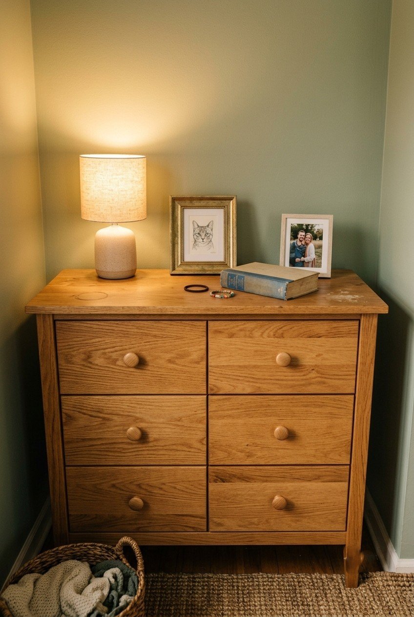 Solid wood six-drawer dresser in natural oak with plain round knobs against a pale wall