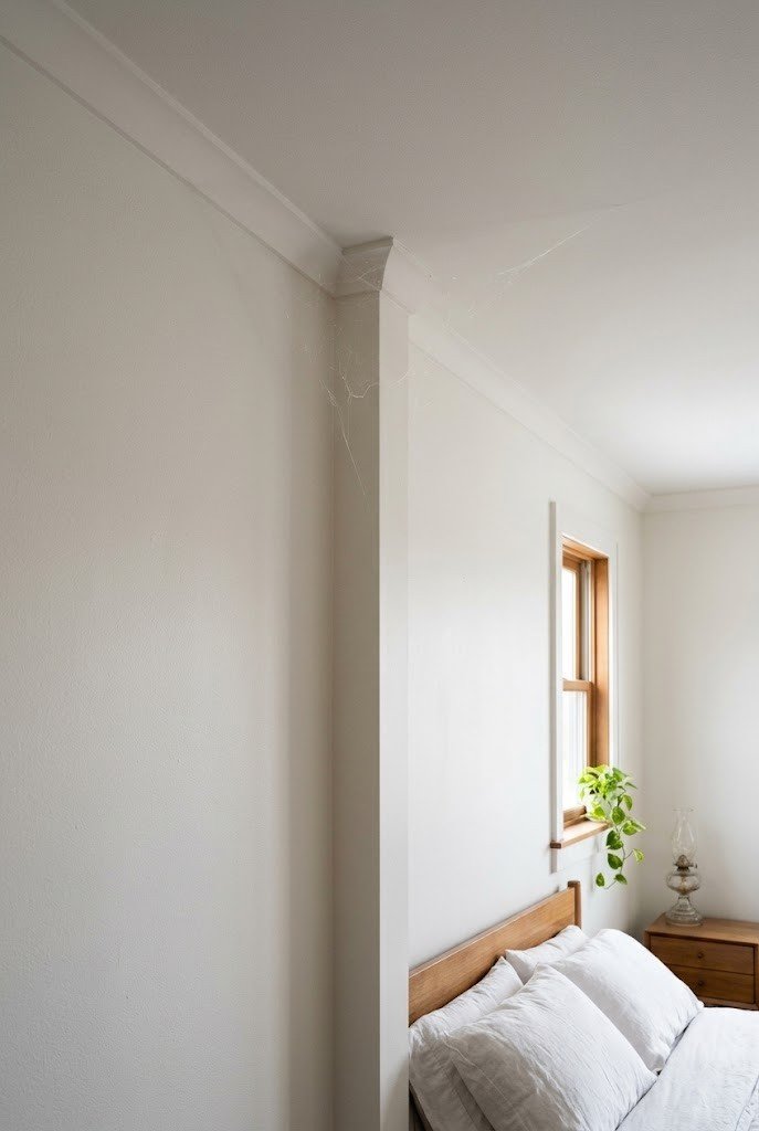 Thin faux cobweb stretched sparingly across a single high ceiling corner