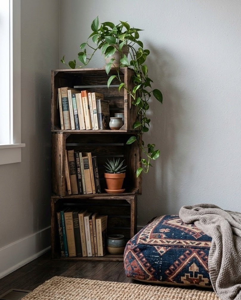 Dark-stained wooden crates stacked into open shelving filled with books beside a floor cushion