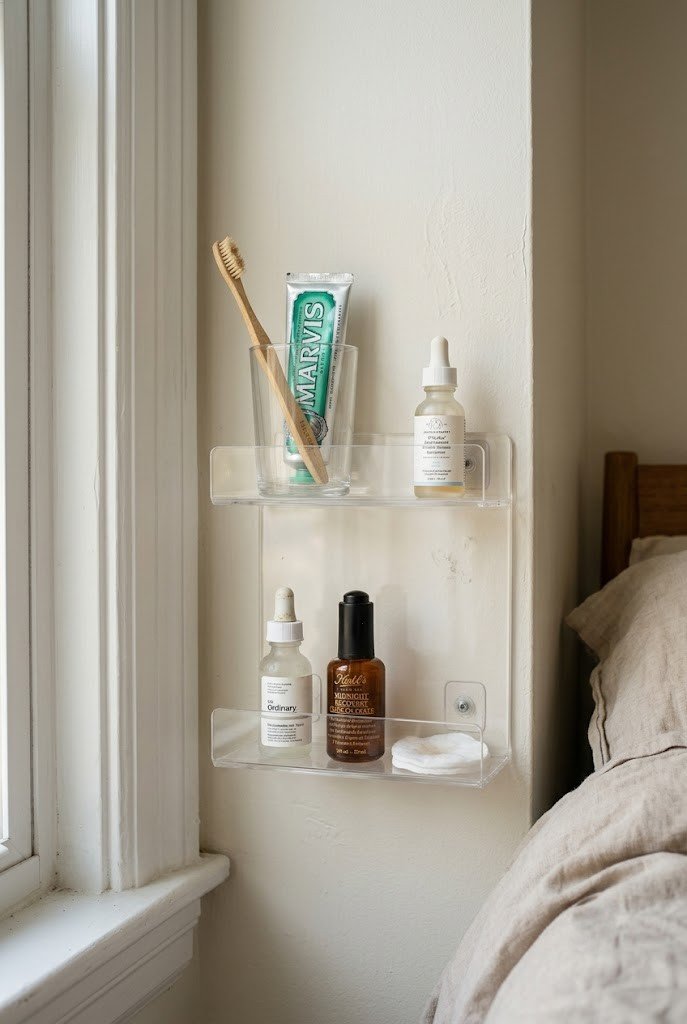 Clear acrylic skincare organizer stuck to a bedroom corner wall holding serum bottles