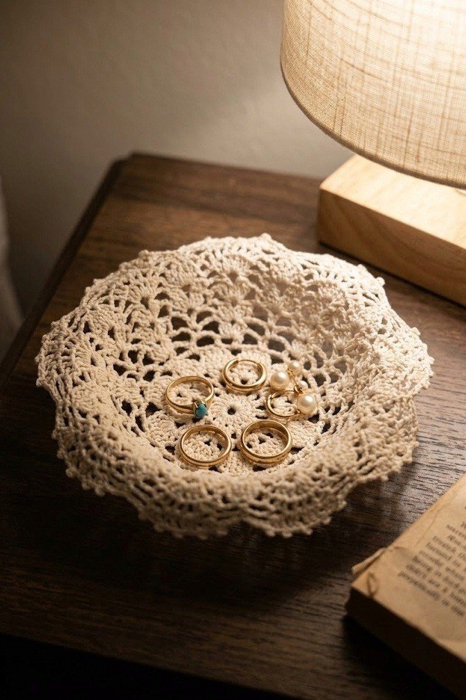 cream doily stiffened into a small bowl holding rings and earrings on a nightstand