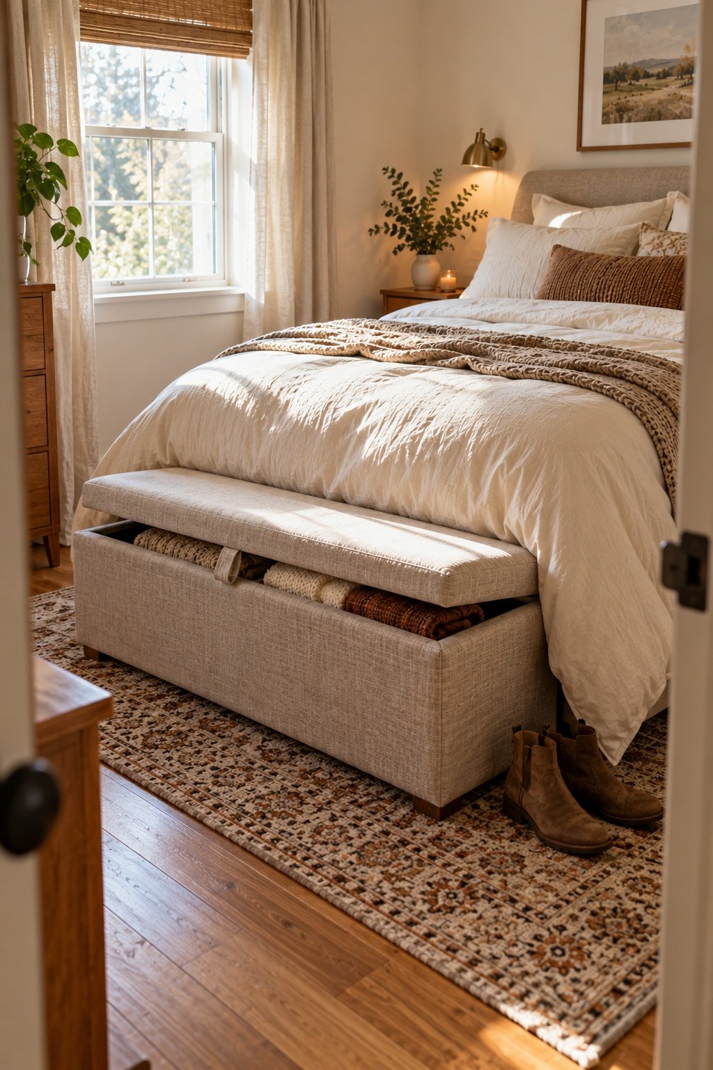 Oatmeal storage bench at the foot of a bed with folded wool blankets inside