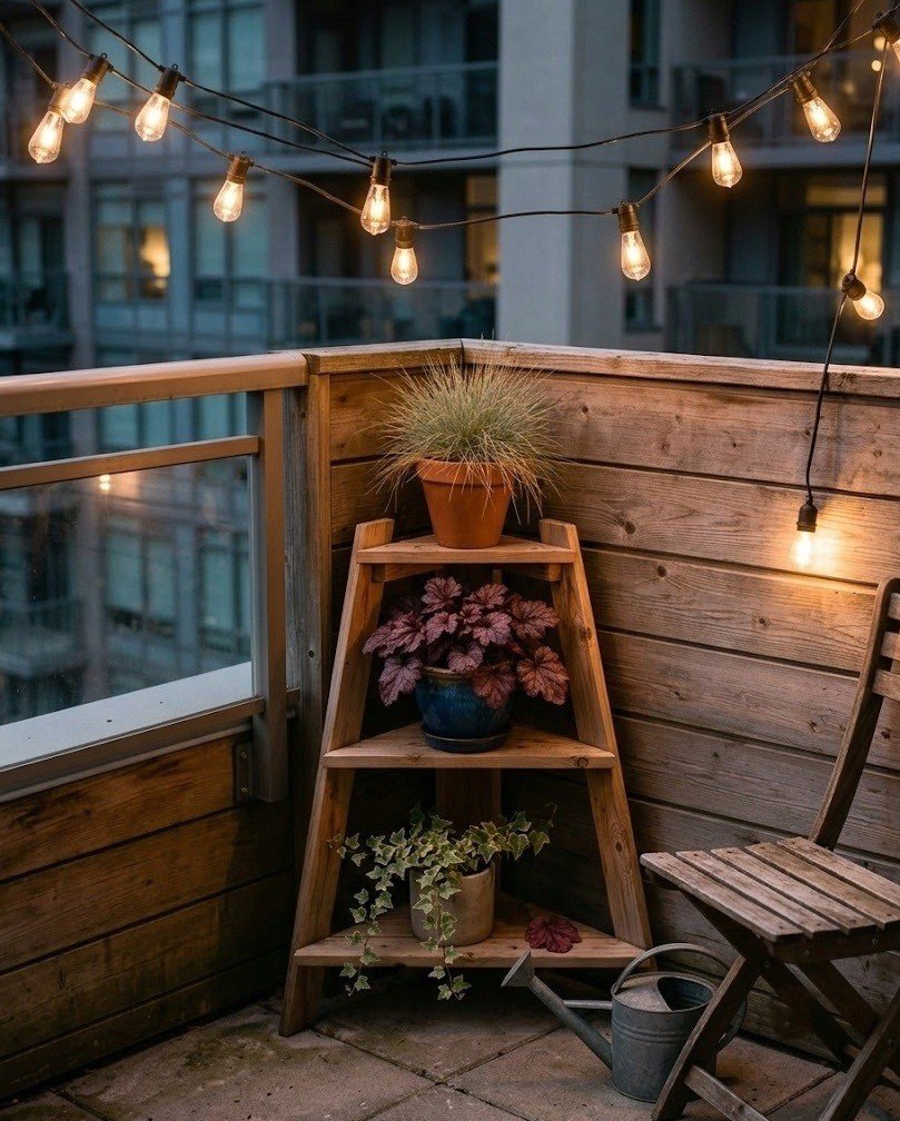 Warm white string lights draped overhead like a canopy on a balcony at dusk