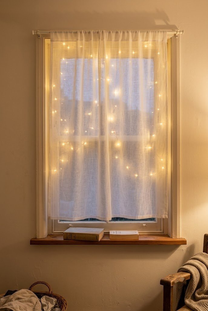 Warm white string lights glowing behind a sheer white bedroom curtain