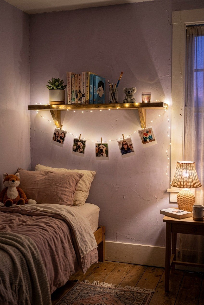 Warm string lights draped along a shelf and wall in a softly lit bedroom