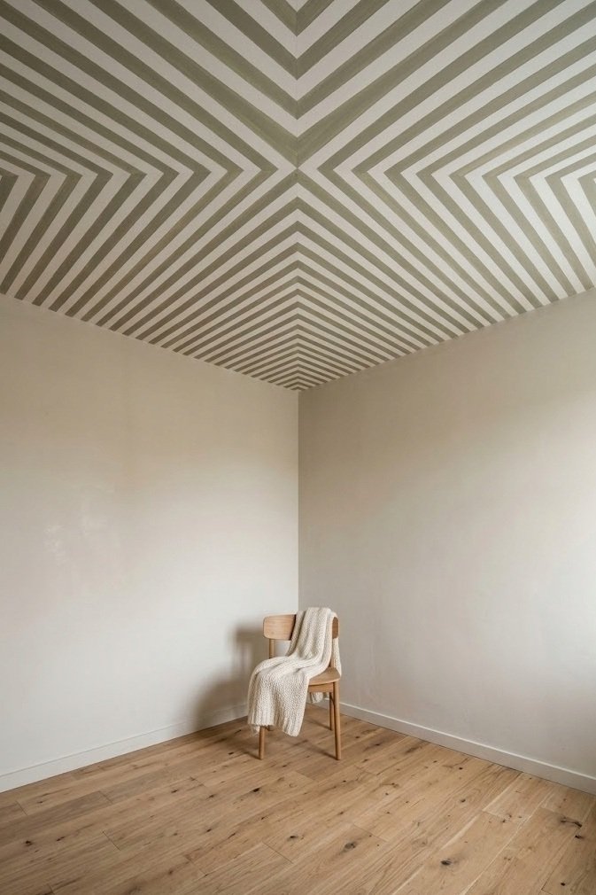 Diagonal white and muted olive stripes at 45 degrees across a small square bedroom ceiling