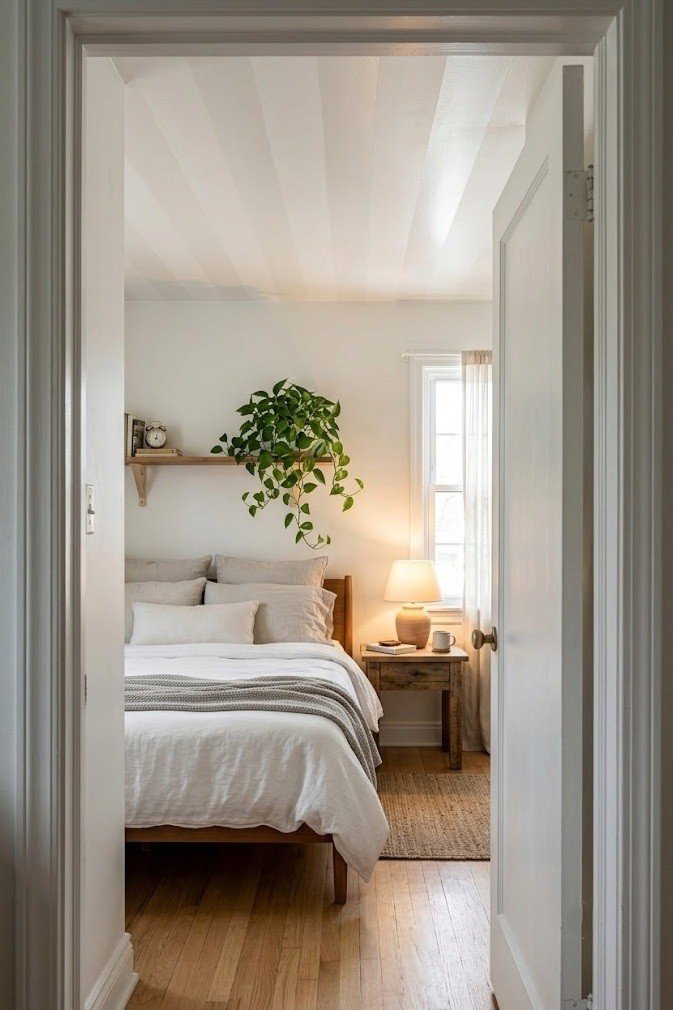 Tone on tone white ceiling stripes alternating flat and eggshell sheen catching the light