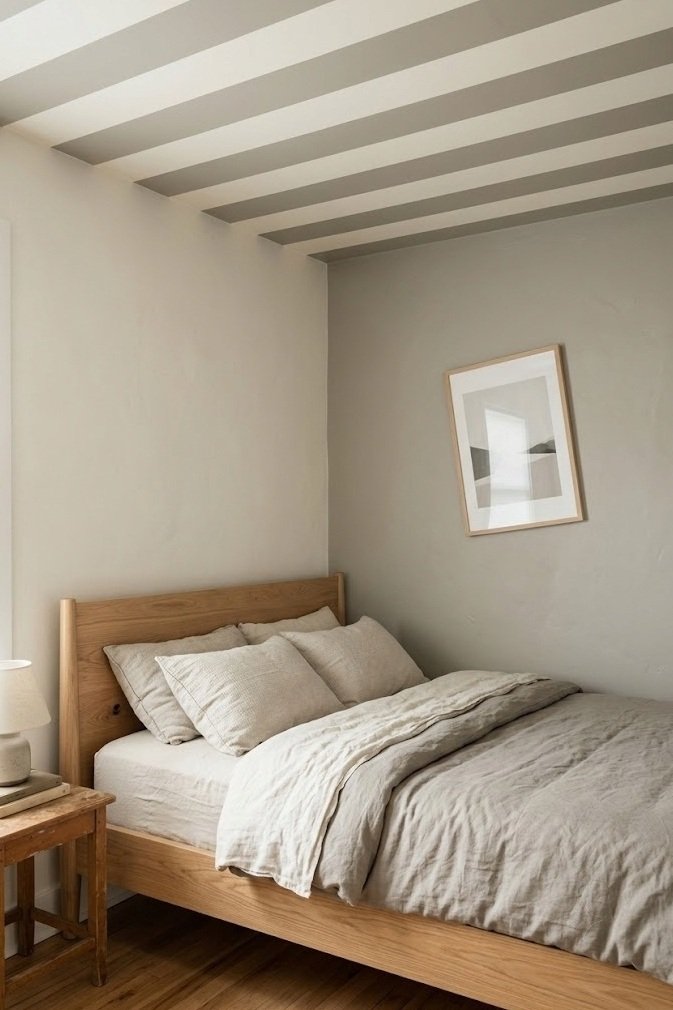 Six inch greige and cream horizontal stripes running straight across a small bedroom ceiling