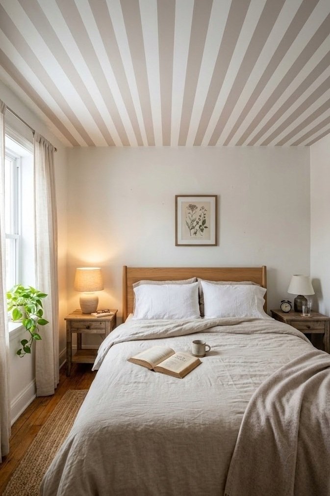 Narrow white and pale taupe stripes running lengthwise over the bed on a small bedroom ceiling