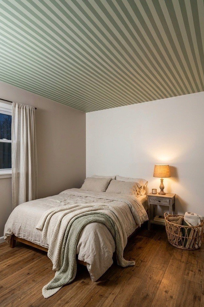 Narrow two tone sage horizontal stripes running across a small neutral bedroom ceiling
