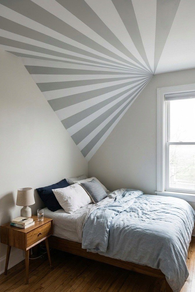 A fan of pale gray and white stripes spreading from one corner across a small bedroom ceiling