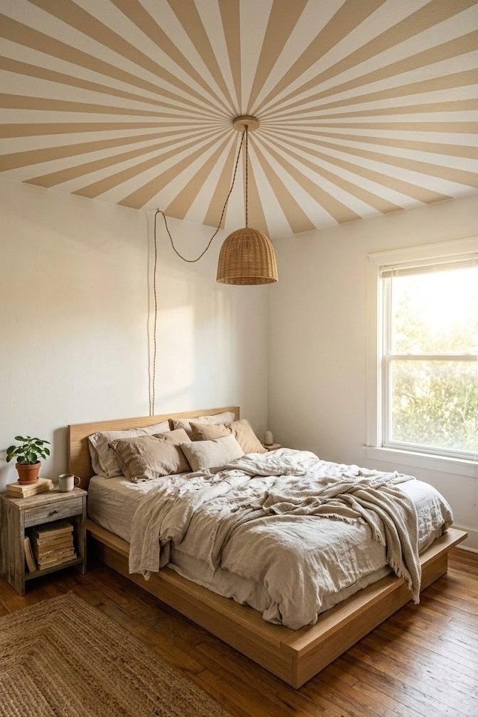 Soft white and warm sand ceiling stripes fanning out like a sunburst from a central pendant