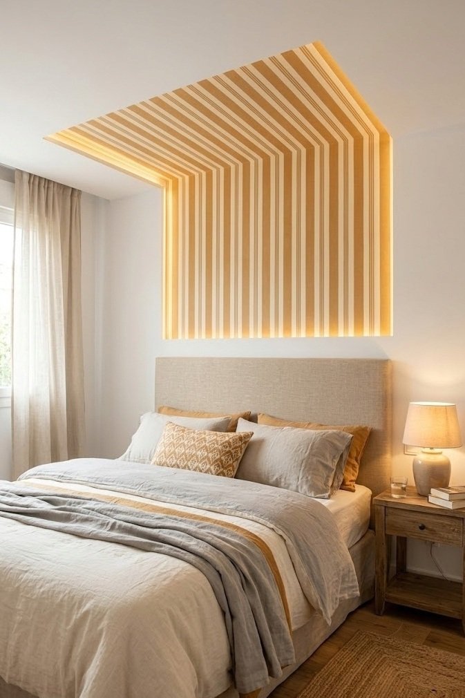 Warm ochre and cream removable stripes set inside a shallow ceiling tray panel above the headboard