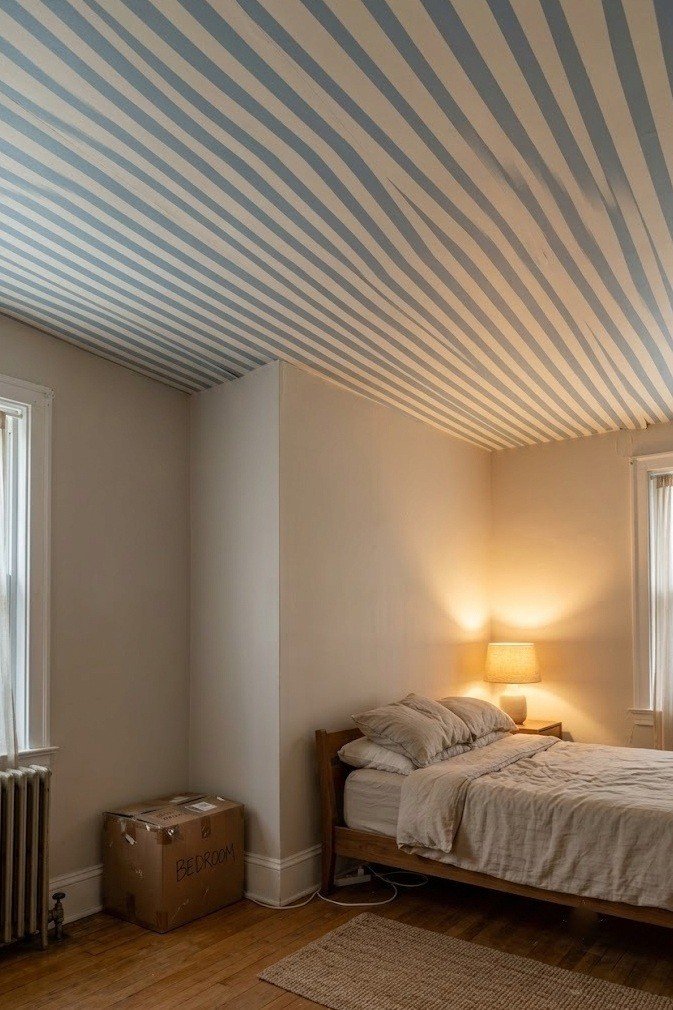 Removable soft blue and white striped wallpaper across a whole smooth rental bedroom ceiling