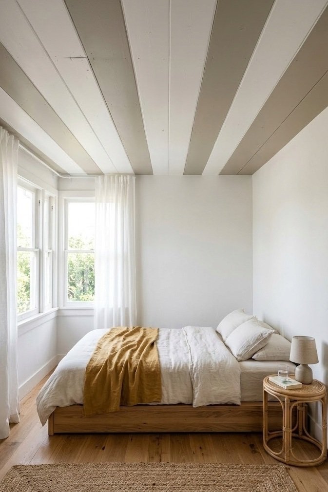 Wide soft white and warm greige horizontal stripes painted across a small bedroom ceiling above a low bed
