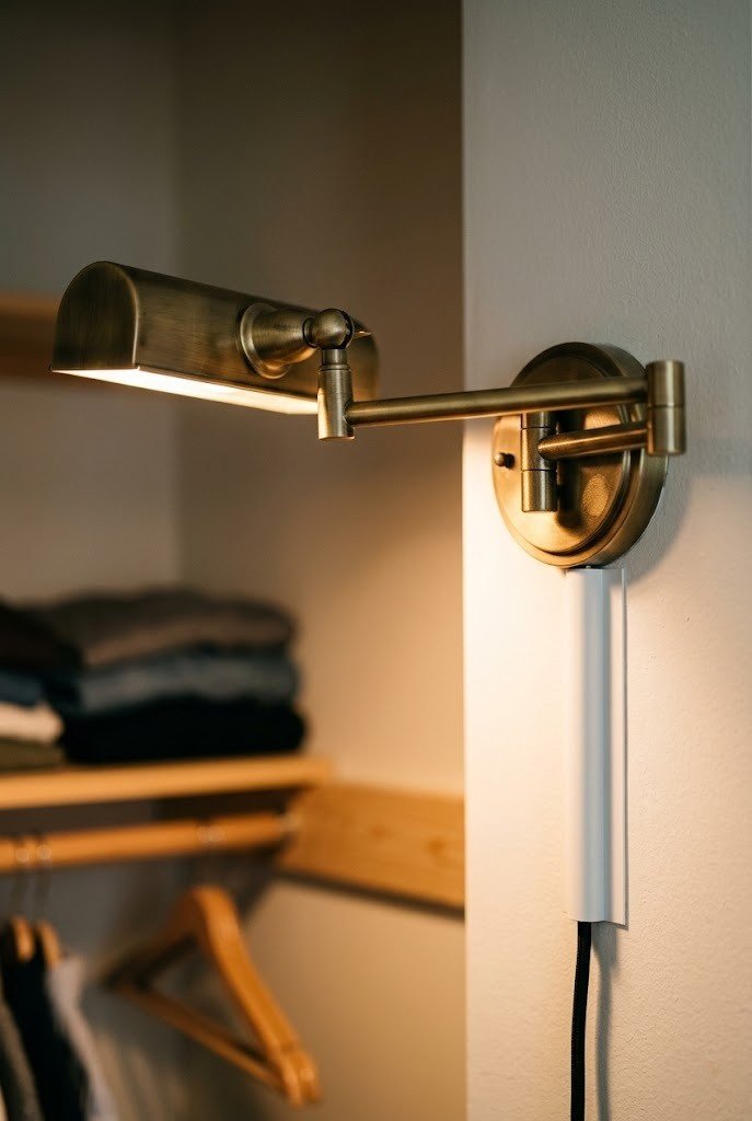 Brass swing-arm wall lamp with a white paintable cord cover inside a closet reading nook