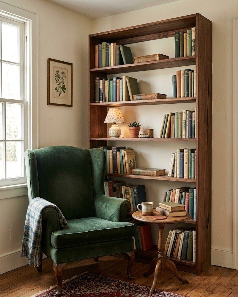 Tall dark wood freestanding bookcase beside a reading chair, filled with vintage books