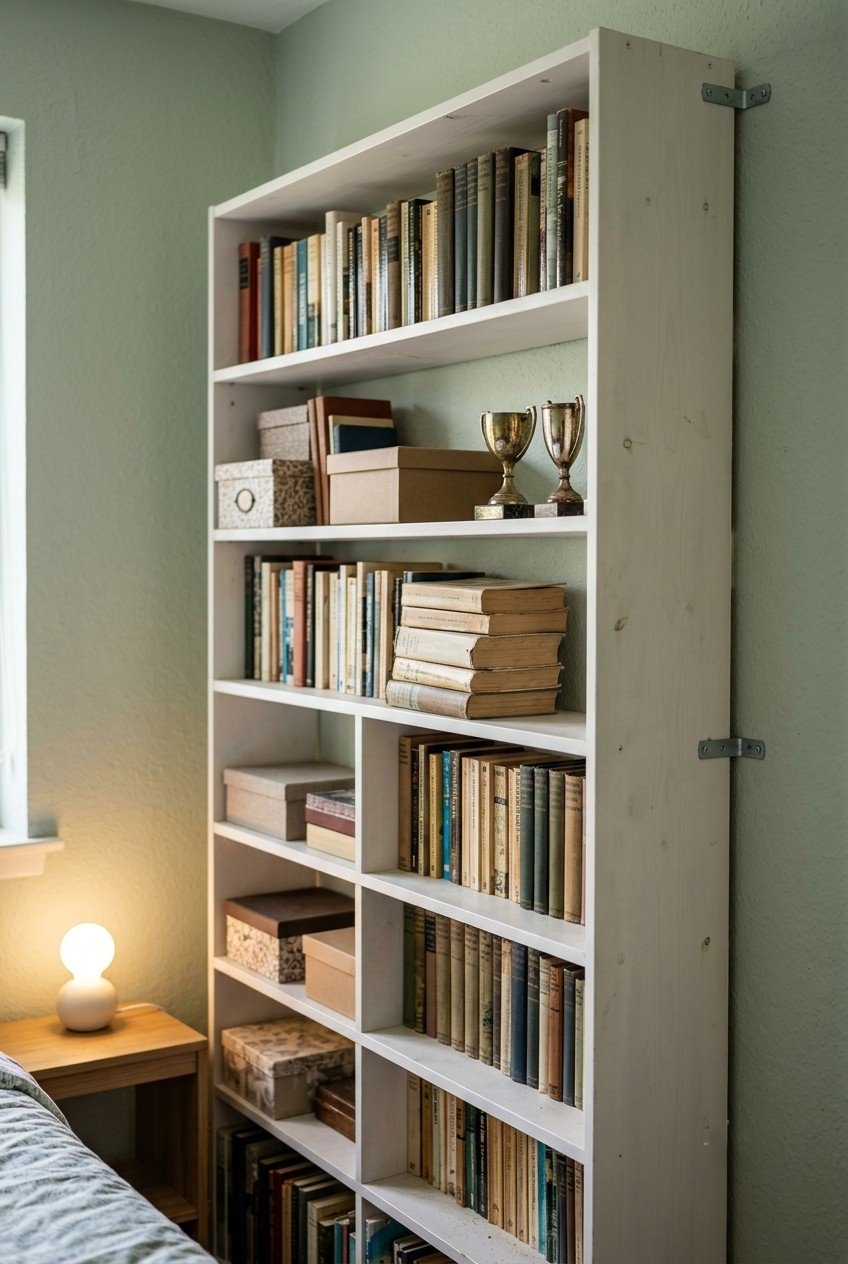 Tall narrow white bookcase filled with books, boxes, and trophies, anchored against a bedroom wall