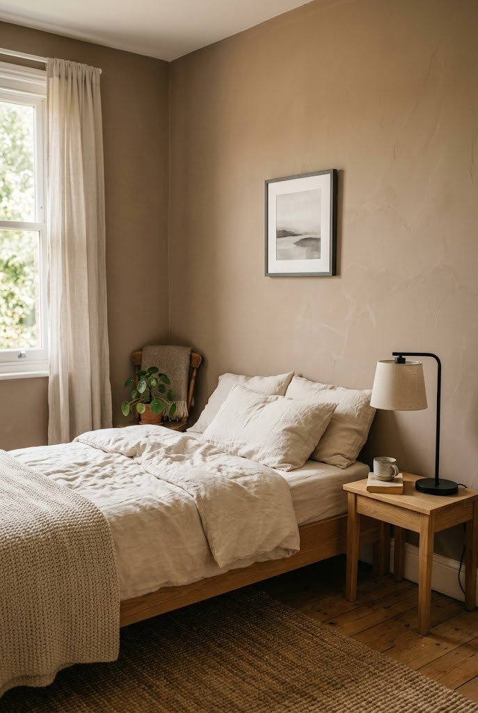 Small taupe bedroom anchored with a black lamp and cream bedding