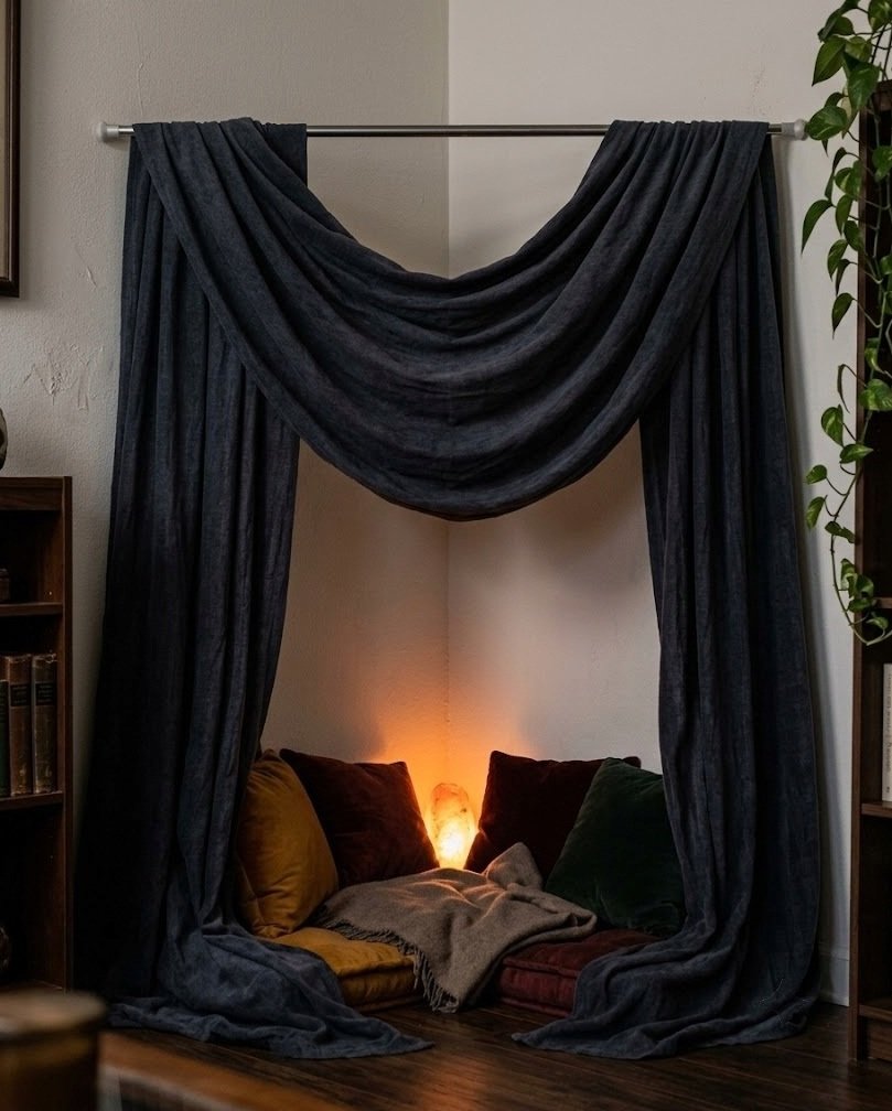 Dark fabric draped from a tension rod across a corner, enclosing a floor cushion nook