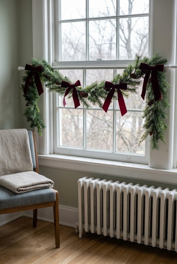 Pine garland with burgundy bows on a tension rod inside a bedroom window frame