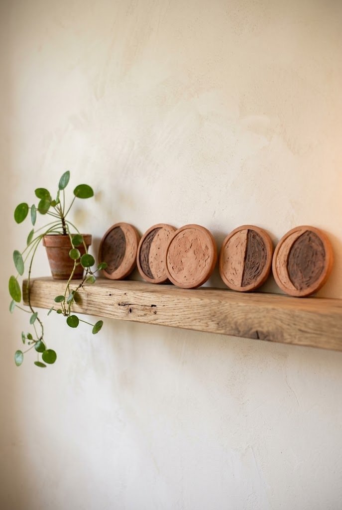 Five terracotta moon phase ceramic discs on a white oak floating shelf