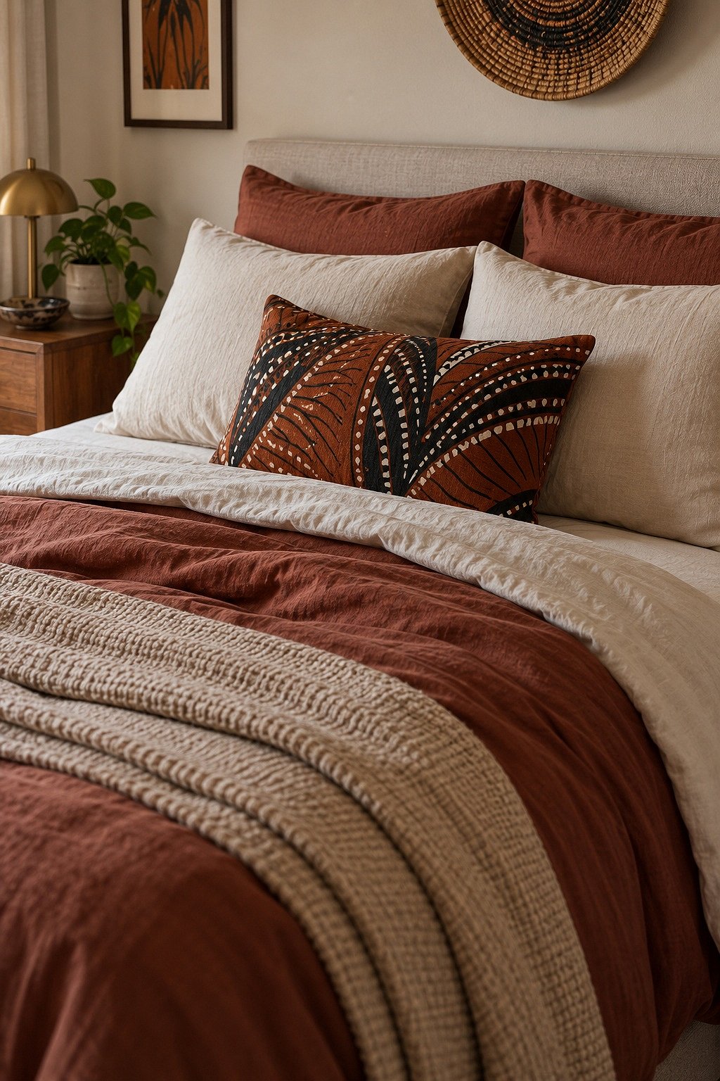 Terracotta and oatmeal bedding over cream sheets with a single rust wax print cushion