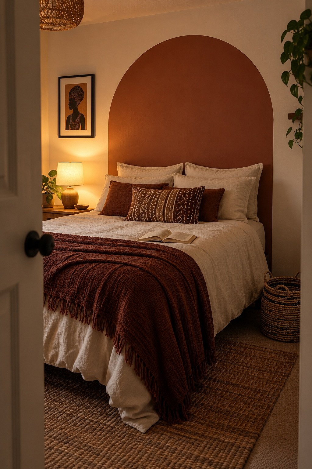 Matte terracotta peel and stick arch on the wall behind a bed with cream bedding seen from the doorway