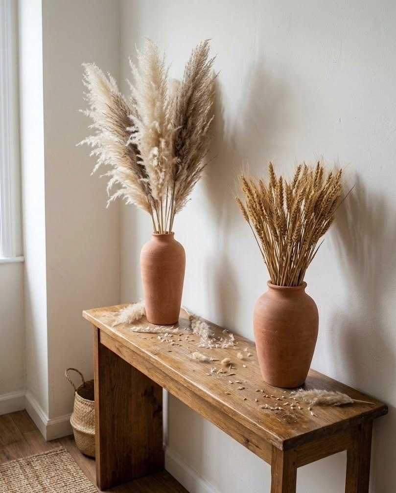 Two matte terracotta vases with dried pampas grass and wheat on a narrow wood console