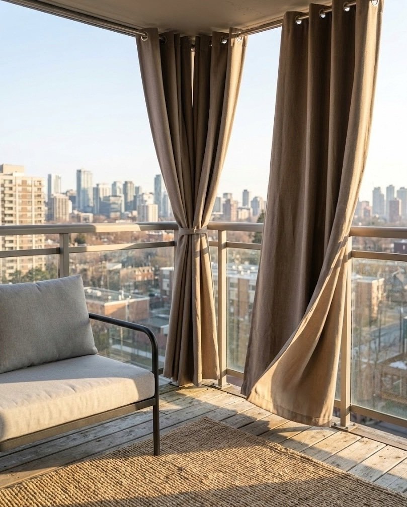 Warm taupe thermal outdoor curtains on a tension rod along a balcony side