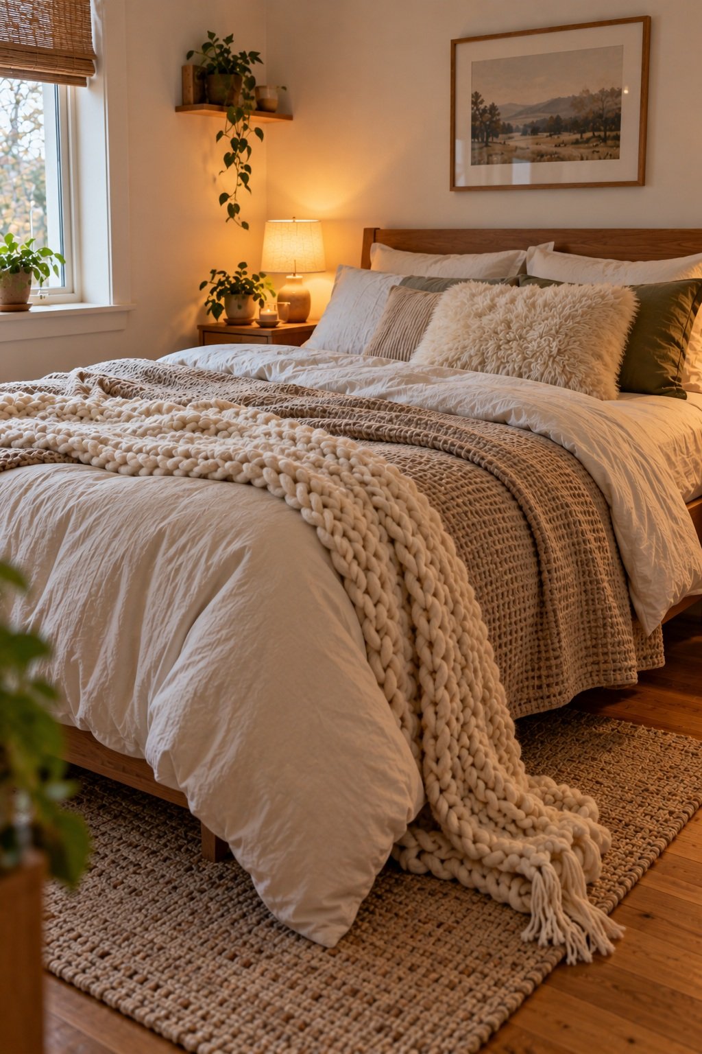 Chunky ivory knit throw, oat waffle blanket and faux sheepskin pillow layered on a bed
