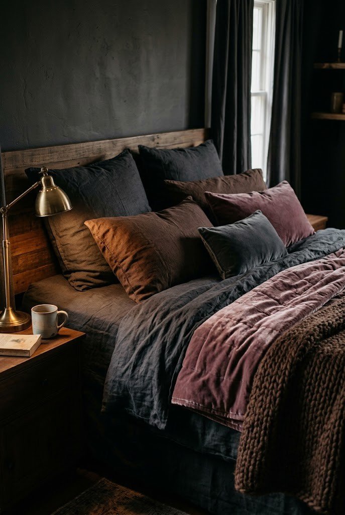 Moody bed layered in charcoal, chocolate and mauve with mixed textures