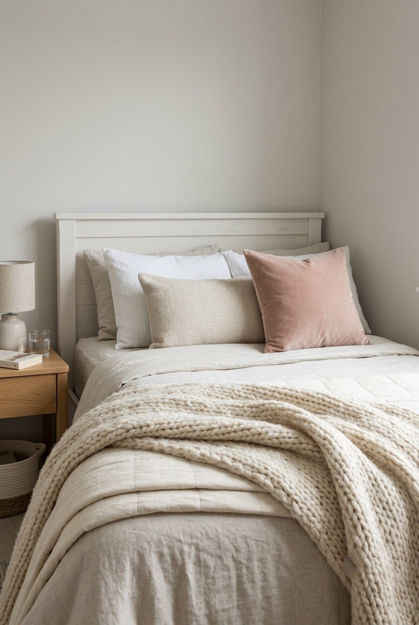 Textured throw pillows and a chunky knit blanket layered on a made bed in soft neutrals