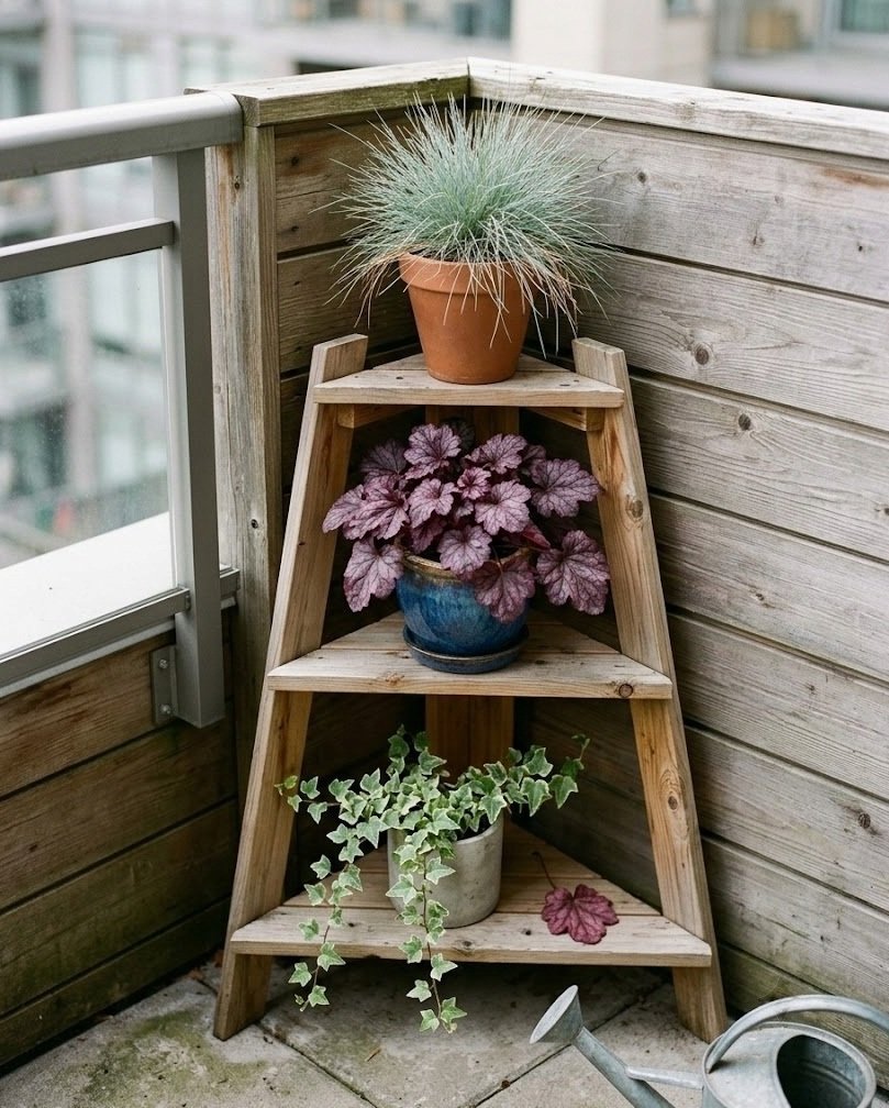 Three-tier corner plant stand with grass, heuchera, and ivy on a balcony