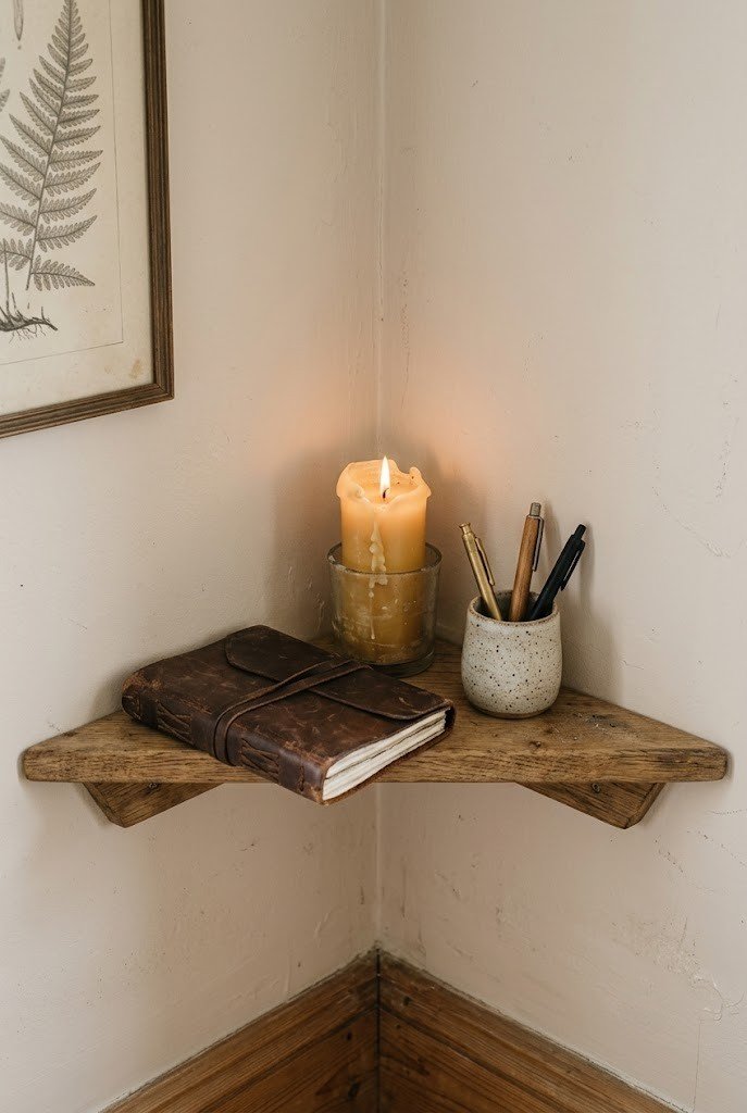 Wooden triangle corner shelf holding a journal, pen cup, and candle