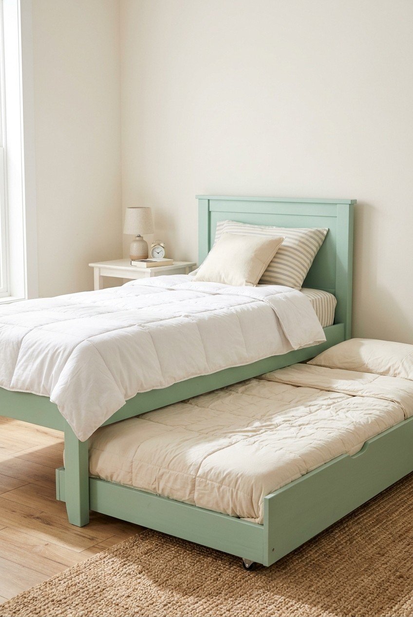 Mint green twin bed with a pull-out trundle rolled halfway out underneath